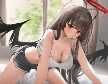 1girl bare_arms bare_shoulders black_hair black_shorts black_wings blue_archive blunt_bangs blunt_sidelocks breasts cleavage halo highres large_breasts long_hair looking_at_viewer melting_halo navel red_eyes red_halo shorts sidelocks solo stomach taeman tank_top tsurugi_(blue_archive) white_tank_top wings