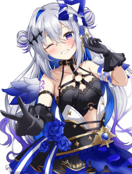 1girl absurdres amane_kanata amane_kanata_(another_world) armpit_crease bare_shoulders black_choker black_gloves black_jacket black_sports_bra blue_hair blue_halo blue_wings blush choker collarbone commentary_request crossed_bangs gloves gradient_hair gradient_wings grey_hair hair_between_eyes hair_bun halo heart highres hololive jacket jewelry long_hair looking_at_viewer multicolored_hair multicolored_wings necklace official_alternate_costume official_alternate_hairstyle parted_bangs purple_eyes rinkaa_(lovelive765pro2) simple_background single_hair_bun single_hair_intake single_side_bun solo sports_bra star_halo teeth tilted_halo upper_body virtual_youtuber white_background white_wings wings