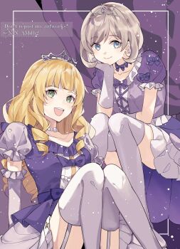 2girls :d blonde_hair blue_eyes blunt_bangs closed_mouth collarbone commentary_request dress elbow_gloves frilled_gloves frills gloves green_eyes grey_hair heanna_sumire highres hyottokoane knees_up light_particles long_hair love_live! love_live!_superstar!! multiple_drills multiple_girls nonfiction!!_(love_live!) official_alternate_costume open_mouth puffy_short_sleeves puffy_sleeves purple_dress short_hair short_sleeves silver_tiara sitting smile split_mouth tang_keke teeth upper_teeth_only watermark