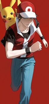 1boy 987645321o baseball_cap black_shirt blue_pants brown_eyes brown_hair clenched_hand closed_mouth collarbone gen_1_pokemon hat highres jacket looking_at_viewer male_focus nintendo on_shoulder pants pikachu pokemon pokemon_(creature) pokemon_frlg pokemon_on_shoulder red_(pokemon) red_jacket running shirt short_hair short_sleeves sleeveless sleeveless_jacket t-shirt wristband