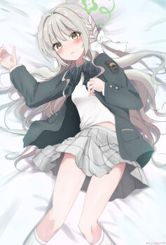 1girl absurdres bed_sheet black_bow black_bowtie blue_archive blush bow bowtie braid commentary_request diagonal-striped_bow diagonal-striped_bowtie diagonal-striped_clothes eyes_visible_through_hair feet_out_of_frame film_grain furrowed_brow green_halo green_jacket grey_skirt hair_between_eyes hair_bow hair_intakes hair_ribbon hair_spread_out halo hands_up highres ice_night328 jacket kneehighs long_hair long_sleeves looking_at_viewer lying midriff_peek miniskirt miyo_(blue_archive) on_back open_clothes open_jacket open_mouth plaid_clothes plaid_skirt pleated_skirt ribbon ribbon_braid school_uniform shirt side_braid sidelocks skirt socks solo striped_bow striped_bowtie striped_clothes tearing_up tears thighs twitter_username upskirt very_long_hair white_bow white_ribbon white_shirt white_socks wild_hunt_academy_of_arts_logo yellow_eyes