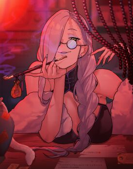 1girl absurdres bare_shoulders black_dress blue_lips breasts cleavage dress eyeliner fate/grand_order fate_(series) glasses grin hair_over_one_eye highres hiyayaako large_breasts long_hair looking_at_viewer makeup mrs._snake_(fate) round_eyewear smile solo white_hair yellow_eyes