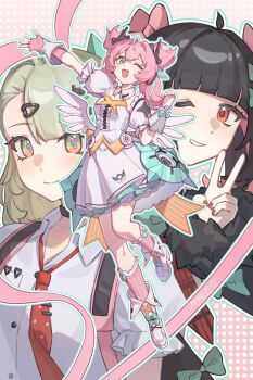 Rule 34 | 3girls, ;), ;d, absurdres, angels of delusion, aqua bow, aria (zenless zone zero), black hair, blue eyes, blunt bangs, boots, bow, chinese commentary, closed mouth, commentary request, dress, fingerless gloves, full body, gloves, green eyes, green hair, hair bow, hair ornament, highres, knee boots, kneehighs, looking at viewer, moyaoyaoyaoyao r, multicolored hair, multiple girls, nangong yu, necktie, one eye closed, open mouth, pink gloves, pink hair, pink socks, red eyes, red necktie, smile, socks, sunna (zenless zone zero), tongue, twintails, v, white boots, white dress, wrist bow, zenless zone zero