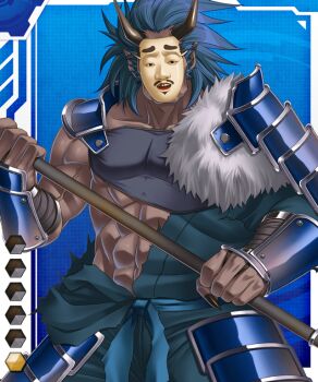 Rule 34 | 1boy, blue hair, card (medium), dark skin, gradient background, horns, lilith-soft, male focus, mask, oni, oni horns, pointy ears, solo, taimanin (series), taimanin asagi battle arena all card gallery, taimanin asagi kessen arena, weapon