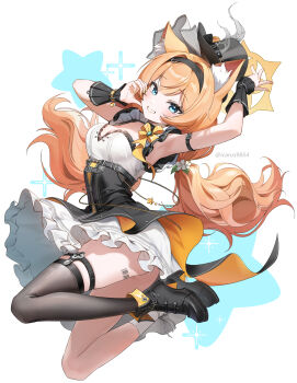 Rule 34 | 1girl, :d, absurdres, animal ear fluff, animal ears, arm up, armpits, artist name, asymmetrical legwear, barcode, barcode tattoo, black boots, black hairband, black hat, black headband, black overskirt, black thighhighs, blue archive, blue eyes, blush, boots, cat ears, cat girl, dress, dutch angle, flower, fluffy hair, frilled dress, frills, full body, grey feathers, grin, hair between eyes, hair flower, hair ornament, hairband, half-heart hands, halo, hashtag-only commentary, hat, hat flower, headband, heart cheeks, highres, icarus9854, idol, idol clothes, leg tattoo, long hair, looking at viewer, low twintails, mari (blue archive), mari (idol) (blue archive), mini hat, mini top hat, mismatched legwear, official alternate costume, official alternate hairstyle, open mouth, orange hair, single thighhigh, smile, socks, solo, tattoo, thigh strap, thighhighs, top hat, twintails, twitter username, white dress, white flower, white socks, yellow halo