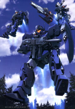 absurdres artist_request assault_visor beam_rifle cloud cloudy_sky earth_federation energy_gun flying forest gundam gundam_perfect_file gundam_unicorn highres holding holding_weapon jesta jesta_cannon machinery magazine_scan mecha mecha_focus missile_pod mobile_suit nature no_humans official_art pine_tree ra_cailum radio_antenna realistic robot scan scene_reference science_fiction shield sky spacecraft thrusters traditional_media tree weapon yellow_visor