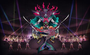 artist_request cape creature creature_focus dual_wielding familiar_(madoka_magica) film_grain game_cg helm helmet highres holding holding_sword holding_weapon klarissa_(madoka_magica) magia_record:_mahou_shoujo_madoka_magica_gaiden mahou_shoujo_madoka_magica mahou_shoujo_madoka_magica_magia_exedra mermaid monster_girl no_humans official_alternate_color official_art oktavia_von_seckendorff sitting stage stage_lights sword torn_cape torn_clothes weapon witch&#039;s_labyrinth witch_(madoka_magica)