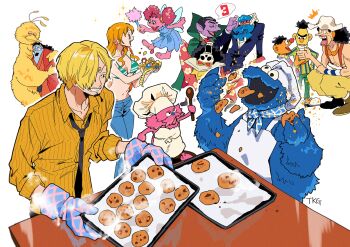 2025 2girls 6+boys abby_cadabby absurdres afro bert_(sesame_street) big_bird_(sesame_street) bikini bikini_top_only black_hair blonde_hair blue_skin brook_(one_piece) character_request chef chef_hat colored_skin cookie cookie_monster count_von_count crossover curly_eyebrows denim ernie_(sesame_street) facial_hair food goatee green_bikini hair_over_one_eye hat highres hug jeans jewelry jinbe_(one_piece) long_hair long_nose multiple_boys multiple_girls nami_(one_piece) nami_(one_piece)_(return_to_sabaody) one_piece orange_hair oven_mitts pants sanji_(one_piece) sesame_street skeleton striped_bikini striped_clothes swimsuit tusks undead usopp wciarigatou