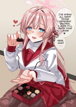 Rule 34 | 1girl, blue archive, blue eyes, box, box of chocolates, braid, breasts, brown pantyhose, bun with braided base, chocolate, commentary, cushion, english commentary, english text, engrish commentary, engrish text, food, hair bun, hair ornament, halo, heart, highres, holding, holding chocolate, holding food, large breasts, light blush, long hair, long sleeves, looking at viewer, mimori (blue archive), no shoes, open mouth, pantyhose, pink hair, pink halo, pink pupils, ranguage, red sailor collar, red skirt, rynn (darknescorez), sailor collar, seiza, shirt, single side bun, sitting, skirt, solo, speech bubble, spoken heart, valentine, white shirt, zabuton