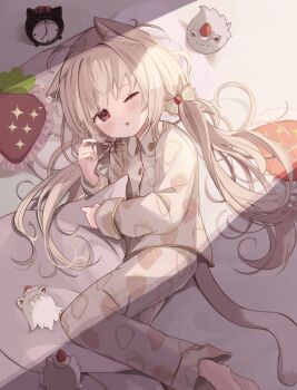 1girl alarm_clock animal_ear_fluff animal_ears barefoot blonde_hair blush cat_girl cat_tail clock collared_shirt commentary_request feet_out_of_frame goma_(u_p) grey_pants grey_shirt long_hair long_sleeves looking_at_viewer low_twintails lying on_side one_eye_closed open_mouth original pajamas pants pillow red_eyes shirt solo tail twintails