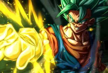 1boy arm_blade aura blue_eyes blue_hair dougi dragon_ball dragon_ball_super earrings energy_sword highres jewelry male_focus muma_maximum76 muscular muscular_male potara_earrings smirk solo spiked_hair super_saiyan super_saiyan_blue sword upper_body vegetto weapon