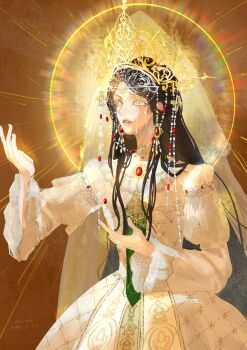 1girl absurdres argyle_clothes argyle_dress beads behind_prayers_(infinity_nikki) chest_jewel chinese_commentary choker circlet commentary_request cowboy_shot cross cross_print crown dress earrings eyelashes gem glowing gold_choker gold_crown gold_earrings gown green_necktie halo halo_behind_head hand_on_own_chest highres infinity_nikki jewelry lace-trimmed_sleeves lace_trim layered_sleeves long_dress long_sleeves looking_ahead miaomiaohetadelanlusexinghai necktie nikki_(series) orange_background outstretched_hand parted_lips pleated_skirt print_necktie puffy_short_sleeves puffy_sleeves red_gemstone see-through_clothes see-through_veil short_over_long_sleeves short_sleeves simple_background skirt solo spiked_halo thick_lips veil white_dress white_veil yellow_eyes yellow_gemstone yellow_halo