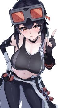 1girl aimo_wotku asymmetrical_gloves black_choker black_gloves black_hair black_pants black_sports_bra breasts choker commentary_request cowboy_shot fingerless_gloves gloves goggles goggles_on_head grace_howard grey-framed_eyewear hand_on_own_hip highres index_finger_raised large_breasts leaning_forward looking_at_viewer midriff mismatched_gloves navel pants parted_lips red-tinted_eyewear red_eyes simple_background single_fingerless_glove solo sports_bra tinted_eyewear white_background white_gloves zenless_zone_zero