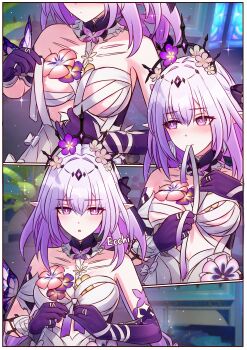 1girl absurdres areola_slip bandages bare_shoulders black_tiara breasts castorice_(honkai:_star_rail) collar commentary english_commentary flower frilled_collar frills gloves hair_flower hair_ornament highres honkai:_star_rail honkai_(series) jimpu6 long_hair medium_breasts mouth_hold parted_lips pink_flower pointy_ears purple_eyes purple_flower purple_gloves purple_hair tiara upper_body