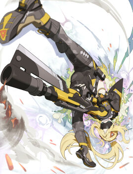 1girl absurdres black_gloves black_pants black_shrug blindfold_mask blonde_hair camouflage camouflage_jacket camouflage_pants commentary_request covered_eyes fingerless_gloves gloves glowing_mask gun gunblade hair_ornament handgun highres jacket latex_pants long_hair mangsik mask midriff pants ponytail rifle shrug_(clothing) sniper_rifle solo steam tight_clothes tight_pants triangle_hair_ornament trigger_(zenless_zone_zero) upside-down weapon white_background zenless_zone_zero zipper_pull_tab