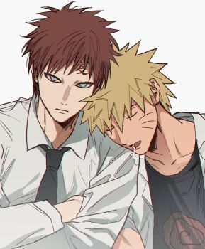 2boys black_necktie black_shirt blonde_hair blue_eyes closed_eyes closed_mouth collared_shirt commentary_request crew_neck crossed_arms drooling facial_mark forehead_tattoo frown gaara_(naruto) head_on_another&#039;s_shoulder highres korean_commentary looking_at_viewer male_focus multiple_boys naruto_(series) naruto_shippuuden necktie nnnhhhhh19 open_clothes open_mouth open_shirt print_shirt red_hair saliva shirt simple_background sleeping tattoo upper_body uzumaki_naruto whisker_markings white_background white_shirt wing_collar