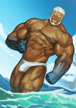 Rule 34 | 1boy, abs, absurdres, aegir (housamo), aegir (swimsuit) (housamo), anchor earrings, aqua hair, bara, beard, biceps, blue eyes, bulge, dark-skinned male, dark skin, earrings, facial hair, fins, highres, jewelry, large pectorals, looking at viewer, male focus, male swimwear, mature male, multicolored hair, muscular, muscular male, navel, navel hair, nipples, pectorals, short hair, solo, stomach, streaked hair, swim briefs, thick thighs, thighs, tokyo houkago summoners, topless male, traver009, veins, wading, white hair, white male swimwear