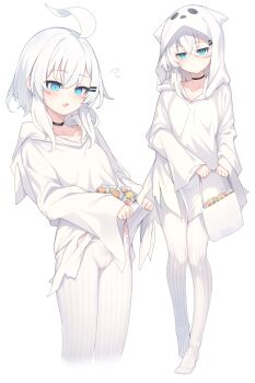 1girl blue_eyes ghost_costume hair_ornament highres hood multiple_views original otokuyou pantyhose ringo-chan_(otokuyou) white_background white_hair