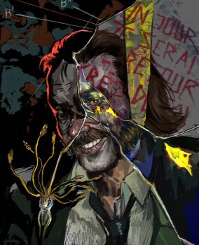 1boy atergraham brown_hair crack cracked_glass disco_elysium disheveled facial_hair grin harry_du_bois highres mature_male medium_hair mustache sideburns smile