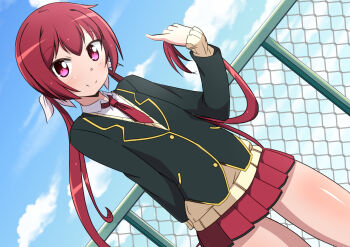 10s 1girl arms_behind_back bad_id bad_pixiv_id blazer blush chain-link_fence closed_mouth cloud collared_shirt day dutch_angle female_focus fence head_tilt holding holding_own_hair jacket joukamachi_no_dandelion long_hair long_sleeves looking_at_viewer low_twintails naruse_mai necktie outdoors pink_eyes pink_out pinky_out pleated_skirt red_hair red_necktie red_skirt sakurada_akane school_uniform shirt short_necktie skirt sky sleeves_past_wrists solo standing sweater twintails very_long_hair wing_collar