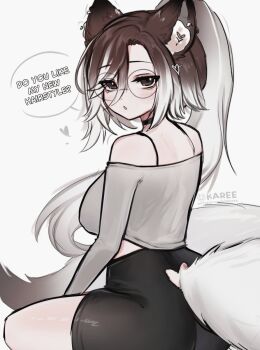 Rule 34 | 1girl, animal ear fluff, animal ears, artist name, back, bare shoulders, bell, black shorts, blush, brown hair, choker, clothing cutout, commentary, crop top, dot nose, english text, facing back, from behind, glasses, gradient hair, grey eyes, grey hair, grey shirt, hair between eyes, heart, heart cutout, highres, indie virtual youtuber, long hair, long sleeves, looking at viewer, looking back, multicolored hair, neck bell, off-shoulder shirt, off shoulder, okariin, okariin (vtuber), parted lips, patreon username, ponytail, round eyewear, shirt, short shorts, shorts, sidelocks, simple background, sitting, solo, speech bubble, tail, untranslatable commentary, very long hair, white background, white tail, wolf ears, wolf girl, wolf tail