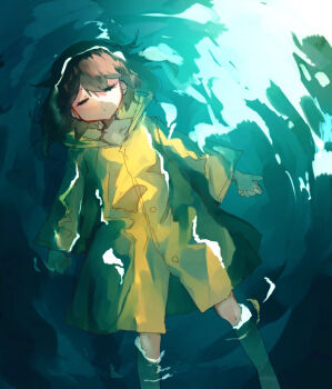 1girl afloat brown_hair closed_eyes closed_mouth expressionless feet_out_of_frame long_sleeves lying on_back original raincoat ripples shinjitsu_no_kuchi solo translation_request water yellow_raincoat