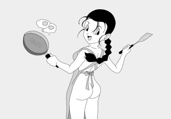 1girl apron ass black_hair braid braided_ponytail cooking dragon_ball dragonball_z ear_piercing egg fried_egg frying_pan highres holding holding_spatula looking_back open_mouth piercing ponytail smile spatula velberto videl