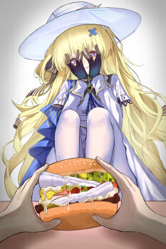 1girl 1other absurdres black_collar black_gloves blonde_hair blue_ribbon blush bow burger collar commentary covering_face embarrassed feet feet_burger_(meme) feet_in_food feet_on_table food foot_focus frilled_sleeves frills gloves gold_trim grey_background hair_bow hair_ornament hair_ribbon hands_up hat highres knees_up long_hair long_sleeves looking_at_viewer meme neck_ribbon no_shoes pantyhose phoebe_(wuthering_waves) pov purple_eyes ribbon simple_background sitting skirt solo_focus stale_beer_(kinonuketa_biiru) toe_seam toes very_long_hair white_hat white_pantyhose white_skirt wuthering_waves x_hair_ornament