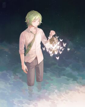 1boy belt bilingual_commentary bug butterfly collared_shirt commentary driftwoodwolf english_commentary expressionless green_hair green_necktie grey_eyes holding insect lantern male_focus mixed-language_commentary necktie original pants shirt sky solo star_(sky) starry_sky wading water white_shirt