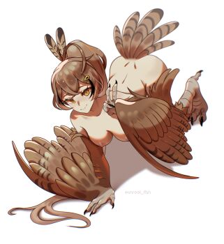 Rule 34 | 1girl, absurdres, ahoge, bird legs, bird tail, breasts, brown eyes, brown feathers, brown hair, brown wings, claws, commentary, english commentary, feather hair ornament, feathers, hair ornament, harpy, highres, hololive, hololive english, long hair, looking at viewer, medium breasts, monster girl, monsterification, nanashi mumei, nipples, nude, ponytail, simple background, slit pupils, smile, solo, tail, talons, twitter username, unreal fish, v, virtual youtuber, white background, wings, yellow eyes