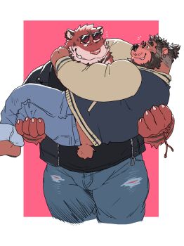 2boys absurdres animal_ears artist_self-insert bara bear_boy bear_ears bear_tail beard black_hair black_jacket black_shirt blue_jacket blue_pants border bracelet carrying carrying_person animal_nose claws commentary denim earrings english_commentary eyewear_on_head face_piercing facial_hair fat fat_man furry furry_male gamubear glasses grin highres jacket jeans jewelry letterman_jacket looking_at_another male_focus multiple_boys nose_piercing notice_lines obese one_eye_closed original pants piercing pink_background second-party_source shirt smile sunglasses tail tiger_boy tiger_ears tiger_stripes torn_clothes torn_pants white_border