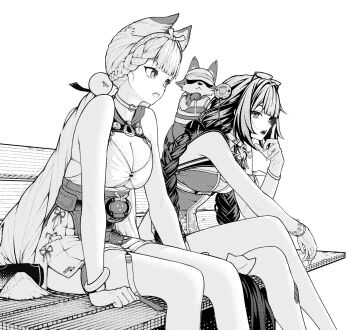 2girls alice_thymefield alice_thymefield_(sea_of_thyme) animal_ears animal_on_back anissa047 bare_shoulders belt bracelet braid braided_twintails breasts camera camera_around_neck cleavage commentary cowboy_shot crossed_legs english_commentary eyewear_on_head greyscale hair_ornament hairband hearing_aid highres index_finger_raised jewelry kamanosuke_(zenless_zone_zero) large_breasts looking_at_another low_twintails medium_breasts monochrome multiple_girls official_alternate_costume on_bench one-piece_swimsuit open_mouth rabbit_ears rabbit_girl raccoon simple_background sitting sphere_hair_ornament swimsuit tanuki twintails ukinami_yuzuha ukinami_yuzuha_(tanuki_in_broad_daylight) white_background white_hairband zenless_zone_zero