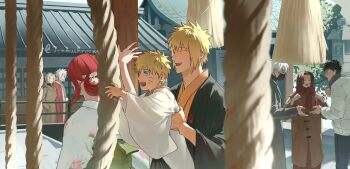 3girls 5boys absurdres architecture black_hair black_mask blonde_hair blue_eyes breasts brown_coat child cleavage coat east_asian_architecture facial_mark family father_and_son floral_print floral_print_kimono flower grey_hair hair_flower hair_ornament hatake_kakashi highres japan japanese_clothes jenmushroom jiraiya_(naruto) kimono mask mother_and_son mouth_mask multiple_boys multiple_girls namikaze_minato naruto_(series) nohara_rin open_mouth parted_lips print_kimono red_eyes red_scarf rope scarf short_hair shrine spiked_hair tsunade_(naruto) twitter_username uchiha_obito updo uzumaki_kushina uzumaki_naruto waving whisker_markings white_coat