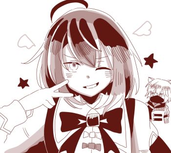 2boys bad_id bad_pixiv_id chibi grimms_notes grin hahn_(grimms_notes) jagd-hund_(grimms_notes) looking_at_viewer male_focus monochrome multiple_boys odai_0715 smile