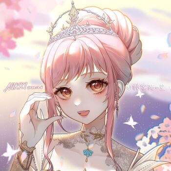 1girl absurdres aegyo_sal artist_name bracer brown_eyes bug butterfly character_name cherry_blossoms chuntangmo_no_shou cloud collar collarbone dated detached_collar dot_nose dress earrings eyelashes falling_petals feather-trimmed_dress fingernails flower frills hair_bun half-heart_hands happy highres infinity_nikki insect jewelry light_blush light_particles lipstick looking_at_viewer makeup melody_bloom_(infinity_nikki) nikki_(nikki) nikki_(series) open_mouth outline petals pink_flower pink_hair pink_lips short_hair_with_long_locks short_sleeves sidelocks single_hair_bun sky smile solo teeth tiara tree updo upper_body upper_teeth_only white_collar white_dress yellow_outline yellow_sky