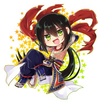 1boy arm_rest arms_behind_back black_hair chibi fate_(series) green_eyes lying_back male_focus monyo open_mouth smile solo star_(symbol) tattoo yan_qing_(fate)