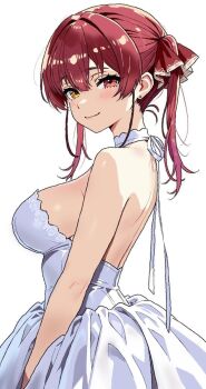 1girl bare_shoulders blush breasts choker dress earrings fgk_miyabi flower hair_intakes hair_ribbon heterochromia highres hololive hololive_fantasy houshou_marine jewelry large_breasts long_hair looking_to_the_side no_eyepatch red_eyes red_hair ribbon sideboob simple_background sleeveless sleeveless_dress smile solo strapless strapless_dress stud_earrings twintails virtual_youtuber white_background white_choker white_dress yellow_eyes