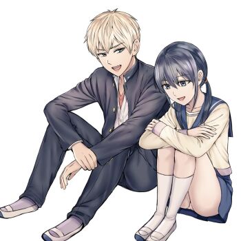 Rule 34 | 1boy, 1girl, ass, black hair, blonde hair, blue eyes, corpse party, cpsuna5119, kishinuma yoshiki, kneehighs, long hair, low twintails, miniskirt, open mouth, panties, pants, pantyshot, school uniform, shinozaki ayumi, short hair, sitting, skirt, smile, socks, twintails, underwear