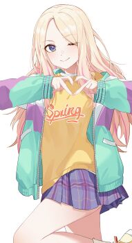 1girl absurdres blonde_hair blue_eyes blue_skirt blush closed_mouth commentary cosplay eimizzzzz feet_out_of_frame fingernails fujita_kotone fujita_kotone_(cosplay) gakuen_idolmaster green_jacket hands_up heart heart_hands highres idolmaster jacket juo_sena long_hair long_sleeves multicolored_hair multicolored_jacket one_eye_closed open_clothes open_jacket pink_streaks plaid_clothes plaid_skirt print_shirt purple_jacket shirt shoes simple_background skirt smile sneakers solo standing standing_on_one_leg streaked_hair t-shirt white_background white_jacket white_shoes yellow_shirt zipper_pull_tab