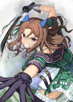 1girl animal_ears bare_shoulders black_gloves black_thighhighs bow brown_hair coat commentary_request dress ear_bow ear_covers ear_ribbon eye_trail frilled_thighhighs frills gloves green_bow green_dress highres holding holding_sword holding_weapon horse_ears horse_girl king_halo_(king_of_emeralds)_(umamusume) king_halo_(umamusume) light_trail long_hair looking_at_viewer off-shoulder_coat off-shoulder_dress off_shoulder open_mouth red_eyes shuten_(shutehaan) solo sword teeth thighhighs umamusume upper_teeth_only weapon