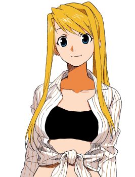 Rule 34 | 1girl, barbell piercing, black tube top, blonde hair, blue eyes, blush, closed mouth, collarbone, ear piercing, fullmetal alchemist, highres, industrial piercing, long hair, long sleeves, piercing, ponytail, shirt, sidelocks, smile, solo, strapless, striped clothes, striped shirt, tied shirt, tube top, vertical-striped clothes, vertical-striped shirt, winry rockbell, zbz (u auee)