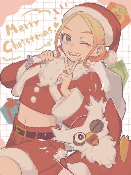 1girl belt blonde_hair blue_eyes box breasts capelet christmas coat commentary_request cropped_shirt delibird fur-trimmed_capelet fur-trimmed_headwear fur-trimmed_shorts fur_trim gen_2_pokemon gift gift_box gradient_hair hat heart highres holding holding_sack karasiteeeeen long_hair long_sleeves looking_at_viewer midriff multicolored_hair navel nintendo one_eye_closed open_mouth pink_hair pokemon pokemon_legends:_z-a red_capelet red_coat red_hat red_shirt red_shorts sack santa_costume santa_hat shirt shorts smile taunie_(pokemon) teeth very_long_hair
