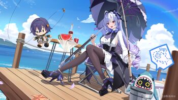 1girl absurdres bangboo_(zenless_zone_zero) belle_(zenless_zone_zero) black_pantyhose blue_sky chair character_doll chinese_text cloud cloudy_sky day deck_chair doll drink dutch_angle fishing fishing_rod folding_chair food fruit high_heels highres holding holding_fishing_rod holding_umbrella kezhang_klre long_sleeves ocean open_mouth outdoors pantyhose platform_heels rainbow sharkboo_(zenless_zone_zero) sitting sky umbrella vivian_banshee watermark watermelon wooden_floor zenless_zone_zero