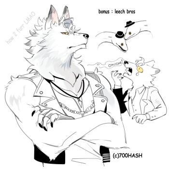 1boy 700hash animal animal_ears animalization artist_name body_fur claws closed_mouth colored_sclera commentary crossed_arms eel english_commentary english_text fingerless_gloves fish floyd_leech furrification furry furry_male gloves green_eyes highres jack_howl jack_howl_(wolf) jade_leech jewelry looking_at_viewer male_focus multiple_views necklace partially_colored shirt sleeveless sleeveless_jacket sleeveless_shirt teardrop twisted_wonderland upper_body white_fur wolf_boy wolf_ears yellow_sclera