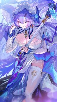 1girl :q absurdres blue_eyes blue_flower breasts cantarella_(wuthering_waves) cleavage closed_mouth commentary dress earrings facial_mark feet_out_of_frame flower hair_between_eyes hair_flower hair_ornament hand_up headdress highres holding holding_umbrella jewelry large_breasts leaning_forward long_hair looking_at_viewer mark_under_eye mole mole_under_eye nail_polish parasol purple_hair purple_nails purple_umbrella shrug_(clothing) single_thighhigh skindentation smile solo symbol-only_commentary thighhighs thighs tongue tongue_out umbrella very_long_hair white_dress white_shrug white_thighhighs wuthering_waves yuki_flourish