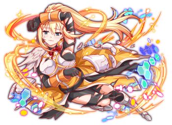 1girl anime_coloring arm_over_head arm_up armor armored_boots artist_request black_bodysuit black_collar black_dress black_gloves blonde_hair blue_eyes blush bodysuit boobplate boots breastplate breasts broken_armor closed_mouth collar crash_fever darkness_(konosuba) dot_nose dress feathers floating_hair full_body game_cg gloves grey_boots hair_between_eyes hair_ornament half_updo hexagon high_ponytail honeycomb_(pattern) kono_subarashii_sekai_ni_shukufuku_wo! large_breasts leg_up light_particles long_dress long_hair looking_to_the_side masochism neck_ribbon number_print numbered official_art official_style orange_wrist_cuffs outline ponytail print_boots red_outline red_ribbon ribbon shoulder_armor skirt smile solo sparkle square square_print sweatdrop tachi-e third-party_source torn_bodysuit torn_clothes torn_dress transparent_background turtleneck weapon white_feathers white_trim wrist_cuffs x_hair_ornament yellow_theme