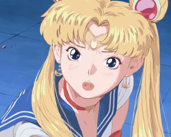 Rule 34 | 1girl, bishoujo senshi sailor moon, blonde hair, blue eyes, blue sailor collar, choker, circlet, close-up, commentary request, crescent, crescent earrings, dkswodbs96, double bun, earrings, hair bun, hair over shoulder, heart, heart choker, highres, jewelry, lips, long hair, magical girl, meme, parted bangs, red choker, sailor collar, sailor moon, sailor moon redraw challenge (meme), sailor senshi uniform, solo, sweat, tile floor, tiles, tsukino usagi, twintails, upper body