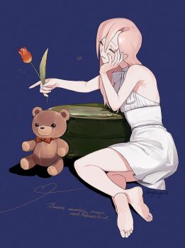 1girl barefoot blue_background bow closed_eyes closed_mouth commentary dress feet flower full_body hair_between_eyes head_rest highres holding holding_flower index_finger_raised long_hair nojinoji12 orange_flower original outstretched_arm pink_hair simple_background sitting sleeveless sleeveless_dress smile soles solo stuffed_animal stuffed_toy symbol-only_commentary teddy_bear tulip white_bow white_dress yokozuwari