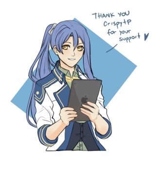 1girl ascot blue_background blue_hair breasts coat commentary commission curtained_hair double-parted_bangs eiyuu_densetsu english_commentary english_text hair_between_eyes holding holding_tablet_pc ipad laura_s._arseid long_hair long_single_sidelock medium_breasts open_clothes open_coat ponytail portrait second-party_source sen_no_kiseki sen_no_kiseki_(series) sen_no_kiseki_iii sierra117renner simple_background smile solo tablet_pc twitter_username two-tone_background upper_body watermark white_background yellow_ascot yellow_eyes