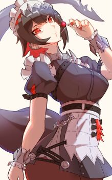 1girl black_hair blush breasts candy colored_inner_hair commentary ellen_joe english_commentary fins fish_tail food frilled_wristband hair_ornament hairband highres holding holding_candy holding_food holding_lollipop large_breasts lollipop looking_at_viewer maid maid_headdress metal_hairband mole mole_on_arm mole_under_eye multicolored_hair pantyhose razor_blade_hair_ornament red_eyes red_hair red_nails scar scar_on_tail shark_girl shark_tail short_hair solo spiked_headband tail two-tone_hair ura_dora zenless_zone_zero